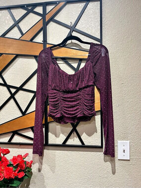 Alex & Sophia Ruched Polka Dot Blouse in Purple Size Large